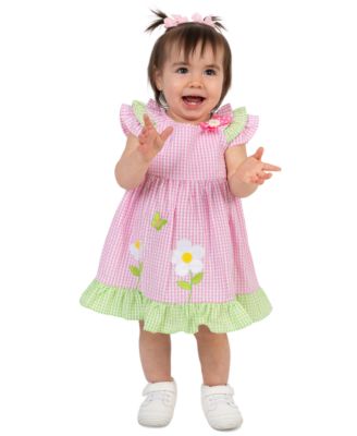 Baby Girls' Pink Seersucker Daisy Applique Round Neck Dress and Panty, 2-Piece Set