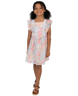 Girls' 2T-6X Printed Eyelet Square Neck Ruffle Dress