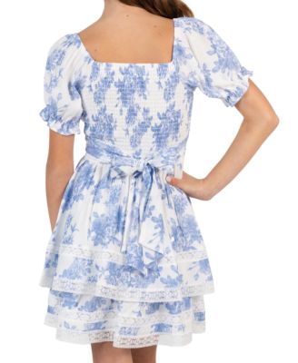Girls' 7-16 Toile Puff-Sleeve Lace Trim Dress