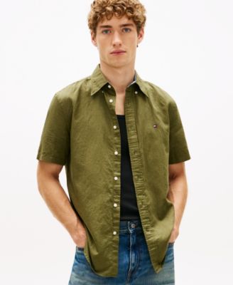 Men's Short-Sleeve Pigment-Dyed Linen Button-Front Shirt