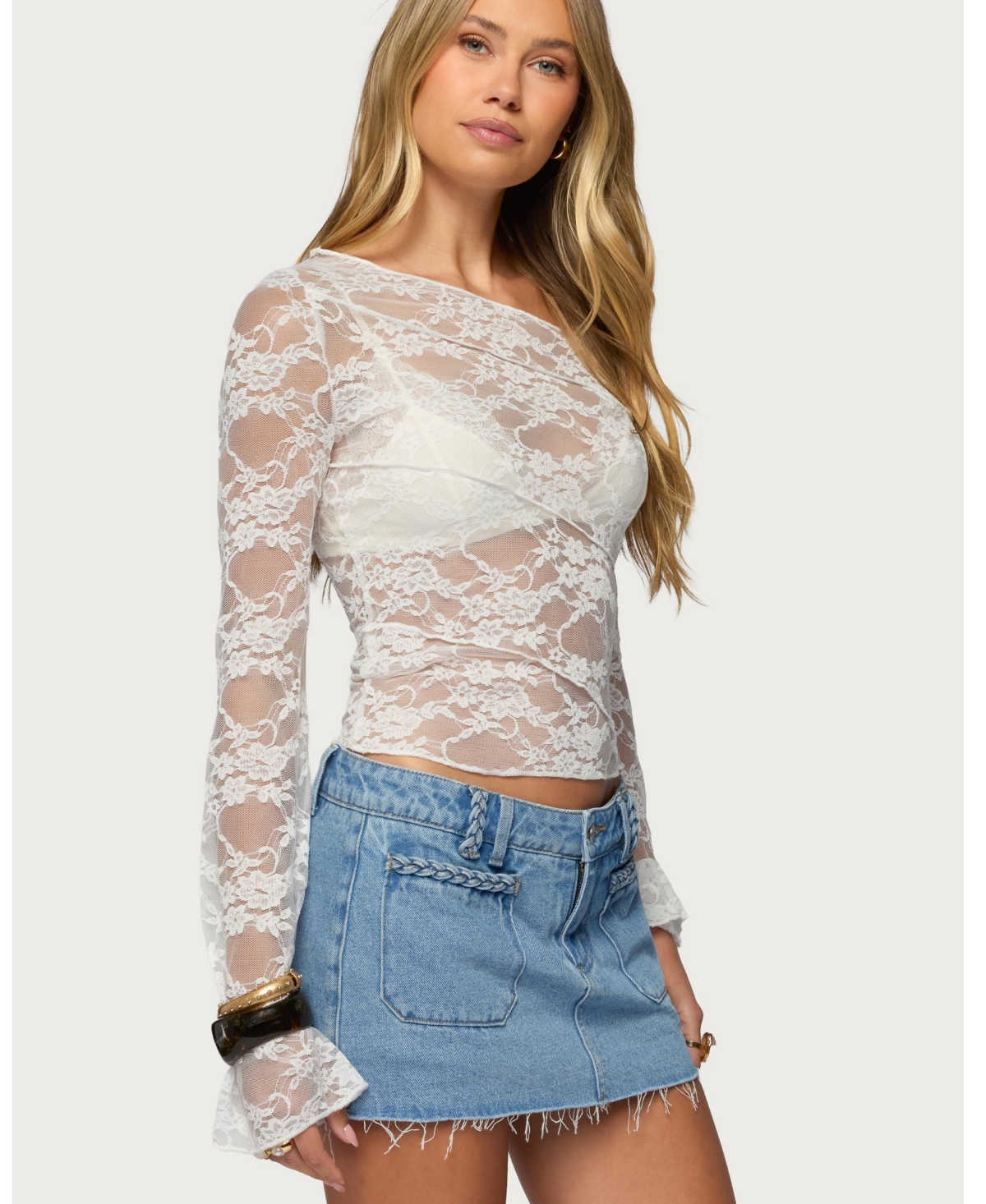 Edikted Women's Stitched Sheer Lace Off Shoulder Top