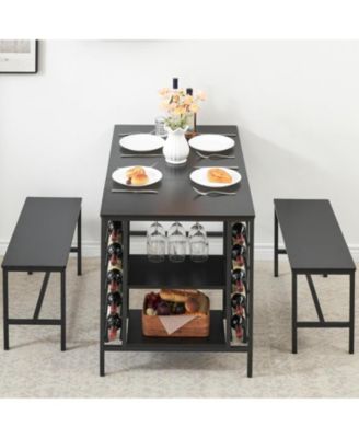Dining Table Set for 4 Kitchen Table with 2 Benches Rectangular Dining Room Table Set with Wine Rack and Storage Shelf 3 Piece Dining Table Set