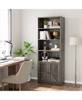 Industrial Bookcase with Doors – 6-Shelf Farmhouse Wooden Bookshelf, 11.8" Deep Display Storage Shelves for Bedroom, Living Room