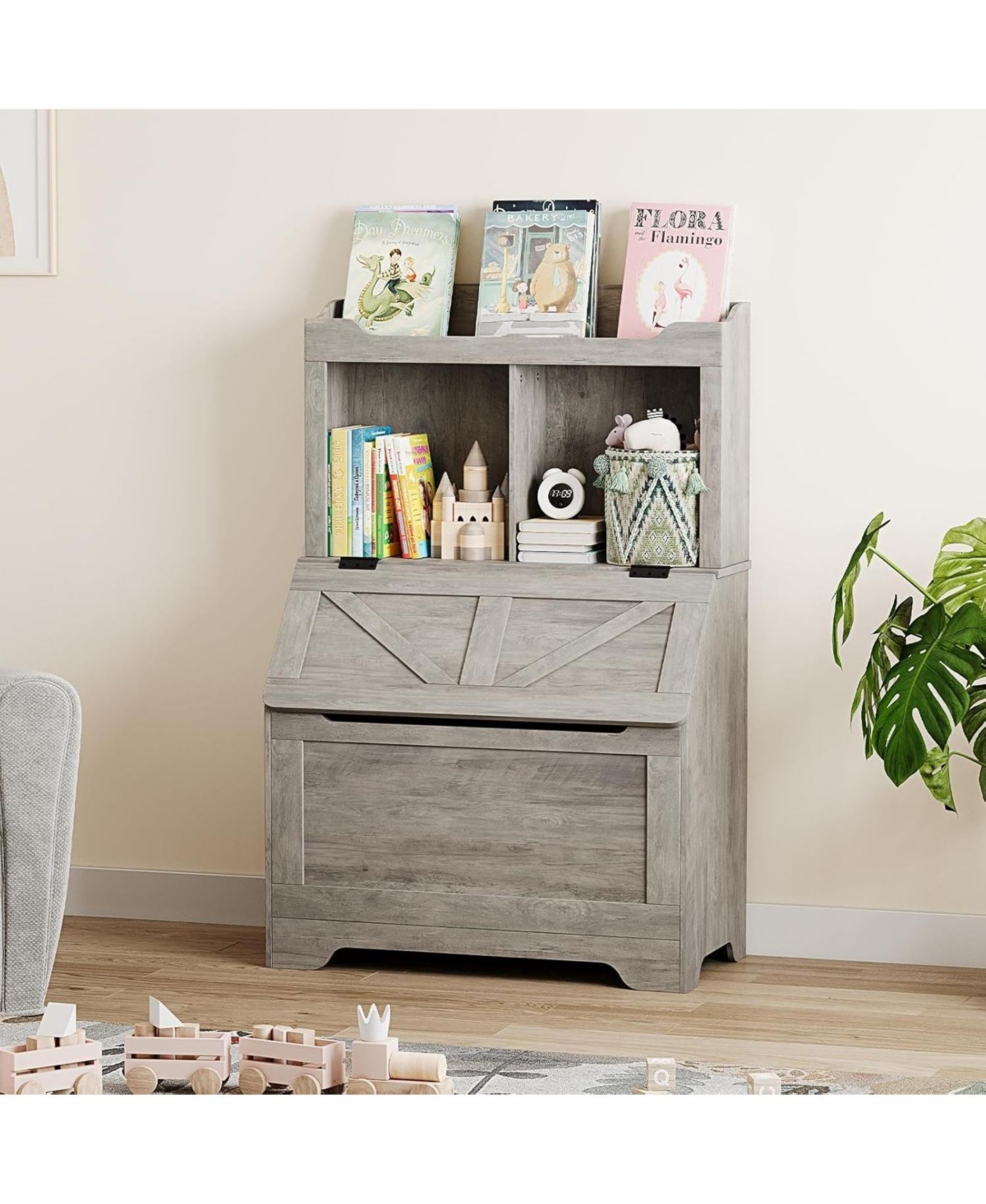 gaomon 3-Tier Wooden Kids Bookcase and Toy Storage Organizer – Child-Friendly Flip-Top Lid Chest, Versatile Playroom, Bedroom, Nursery