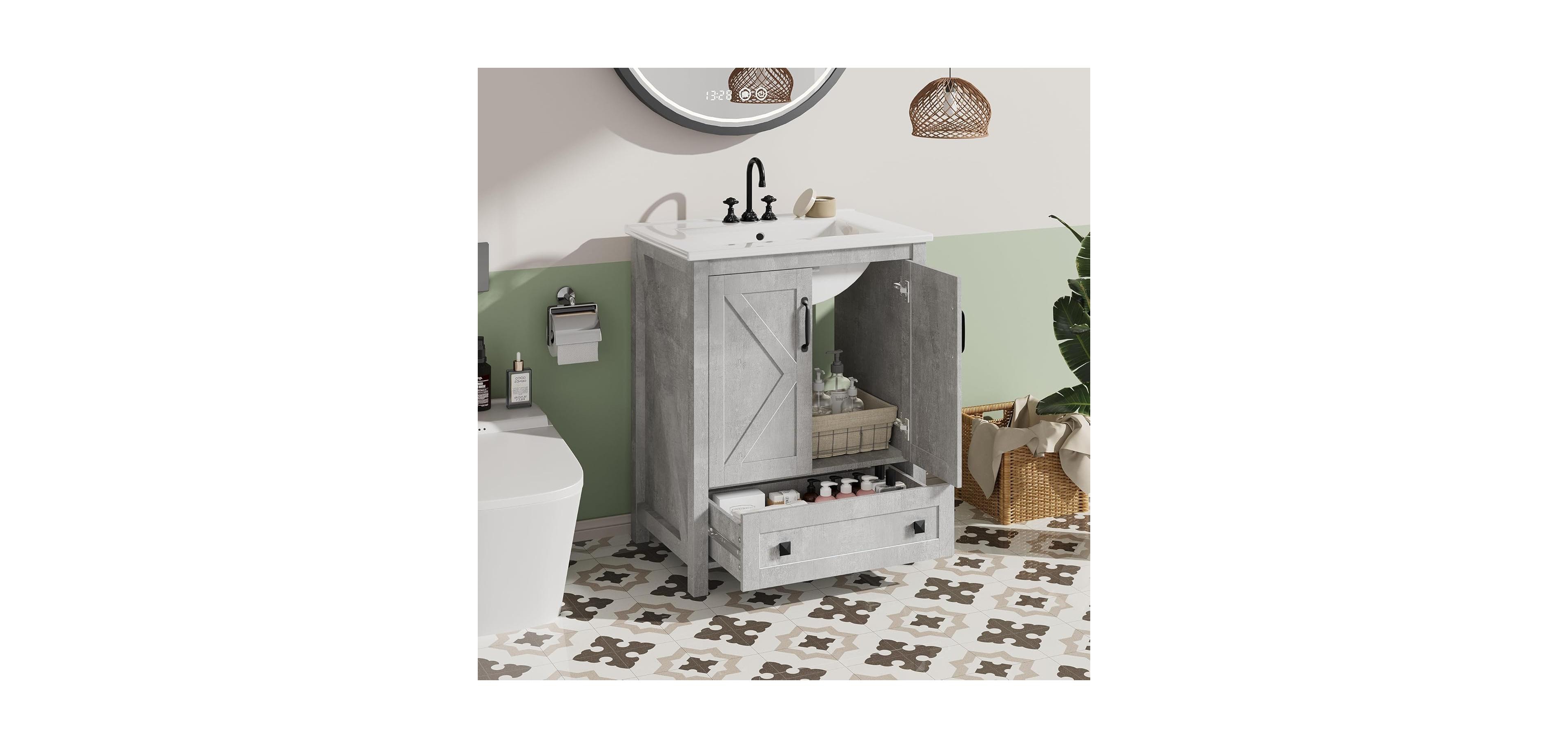 gaomon 30" Vanity with Ceramic Sink Modern Bathroom Vanity with 2 Doors and 1 Storage Drawer Freestanding Bathroom Cabinet with Contemporary Desi