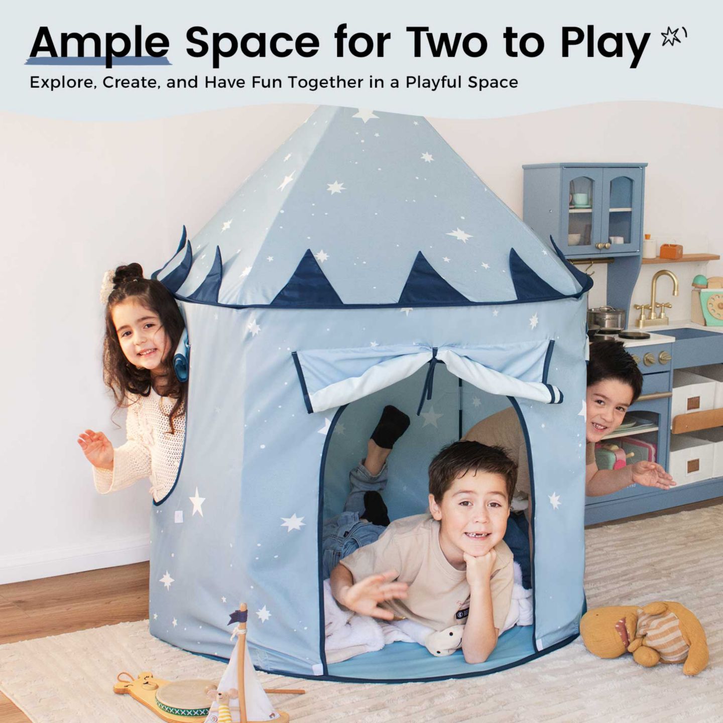 Детские игрушки Tiny Land Starry Blue Foldable 3-Piece Play Tent Set, Ages 3+ — фото 6