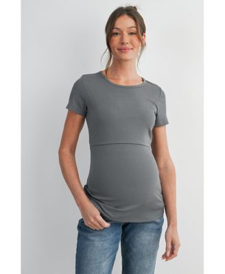 Maternity Nursing Ribbed Short-Sleeve Crewneck Top with Lift-Up Panel