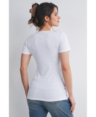 Maternity Nursing Ribbed Short-Sleeve Crewneck Top with Lift-Up Panel