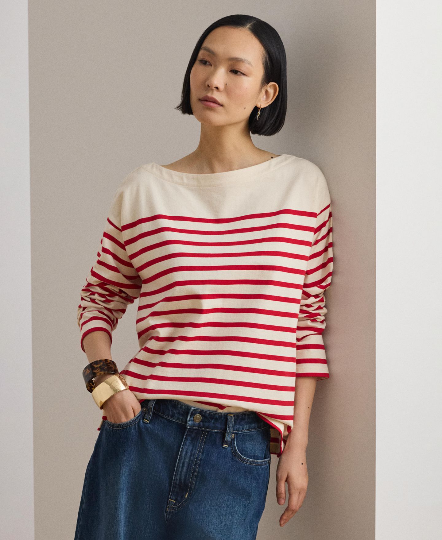 Женский топ Lauren Ralph Lauren Boat Neck Long-Sleeve Top, цвет: Кремовый / Красный — фото 1