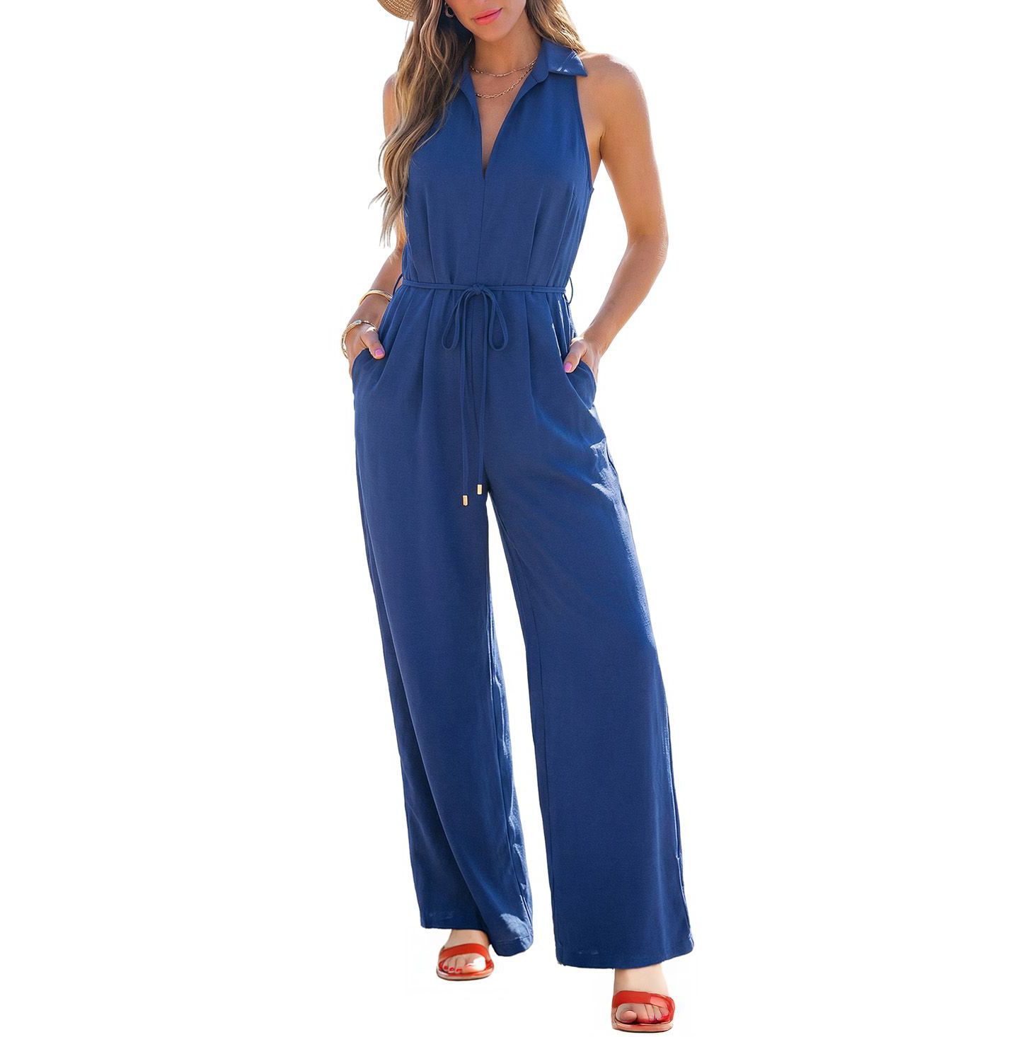 Женский комбинезон Cupshe Collared Zipper Closure Unlined Jumpsuit, цвет: Тёмный синий — фото 1