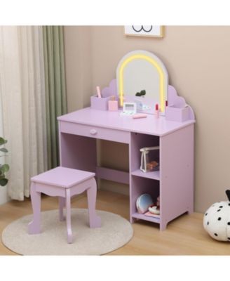 Kids Vanity with Lighted Mirror - 2 in 1 Little Girls Vanity Table and Stool - Kids Makeup with Drawer