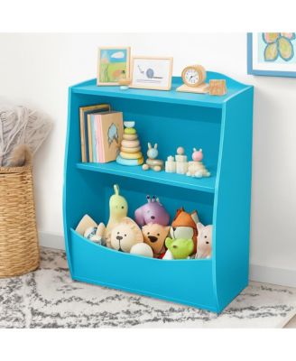 2-Tier Kids Toy Storage Organizer with Bookshelf, Wooden Book Display Shelf for Playroom