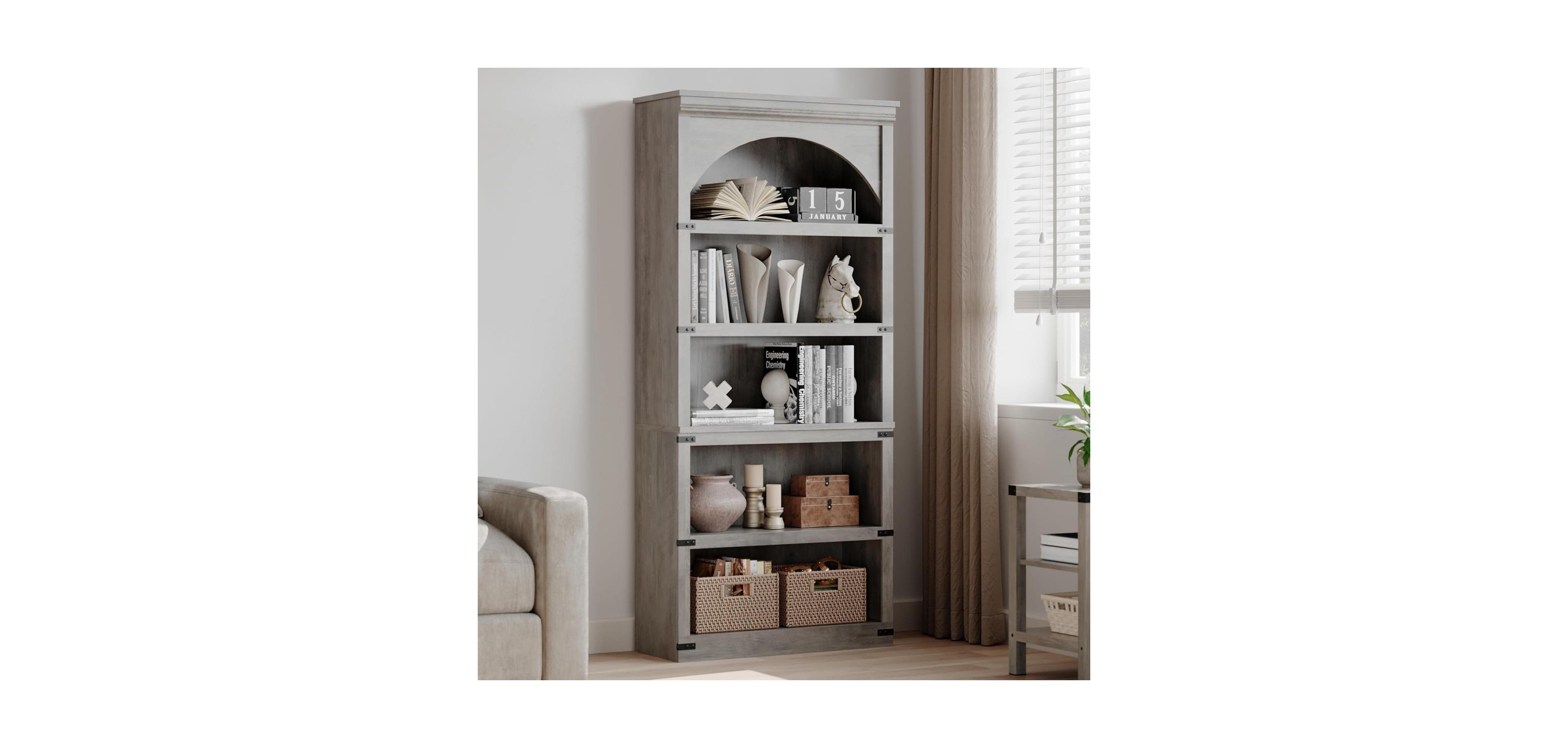 gaomon 68.7" Tall Arched Bookcase – 5-Shelf Farmhouse Wooden Bookshelf with Curved Storage Rack for Home Office, Living Room, or Bedroom