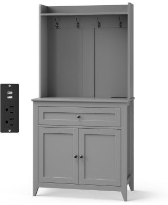 63" Pantry Cabinet, Kitchen Storage with Charging Station, Coffee Bar Table with Drawer, Hooks & Adjustable Shelves