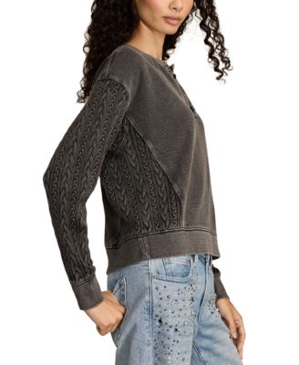 Women's Cable-Sleeve Boho Fleece Henley Top