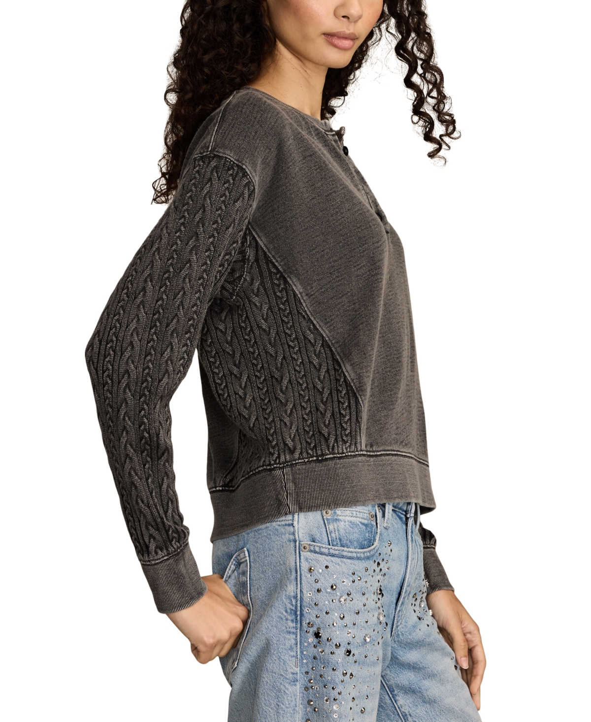 Lucky Brand Women's Cable-Sleeve Boho Fleece Henley Top