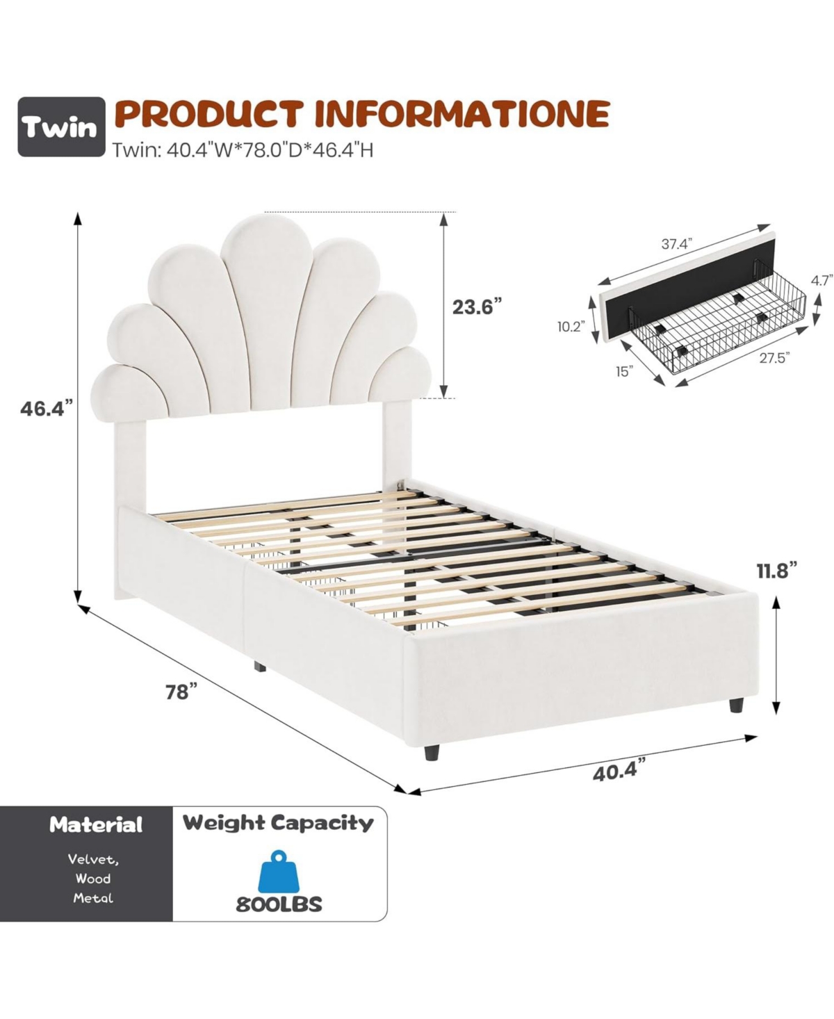 gaomon Twin Kids Platform Bed with 2 Drawers, Cute Velvet Headboard, Easy Assembly