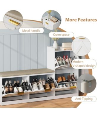 Farmhouse Shoe Cabinet with Bench, 4 Flip Drawers, Cushioned Seat Shoe Organizer, Freestanding Entryway Storage