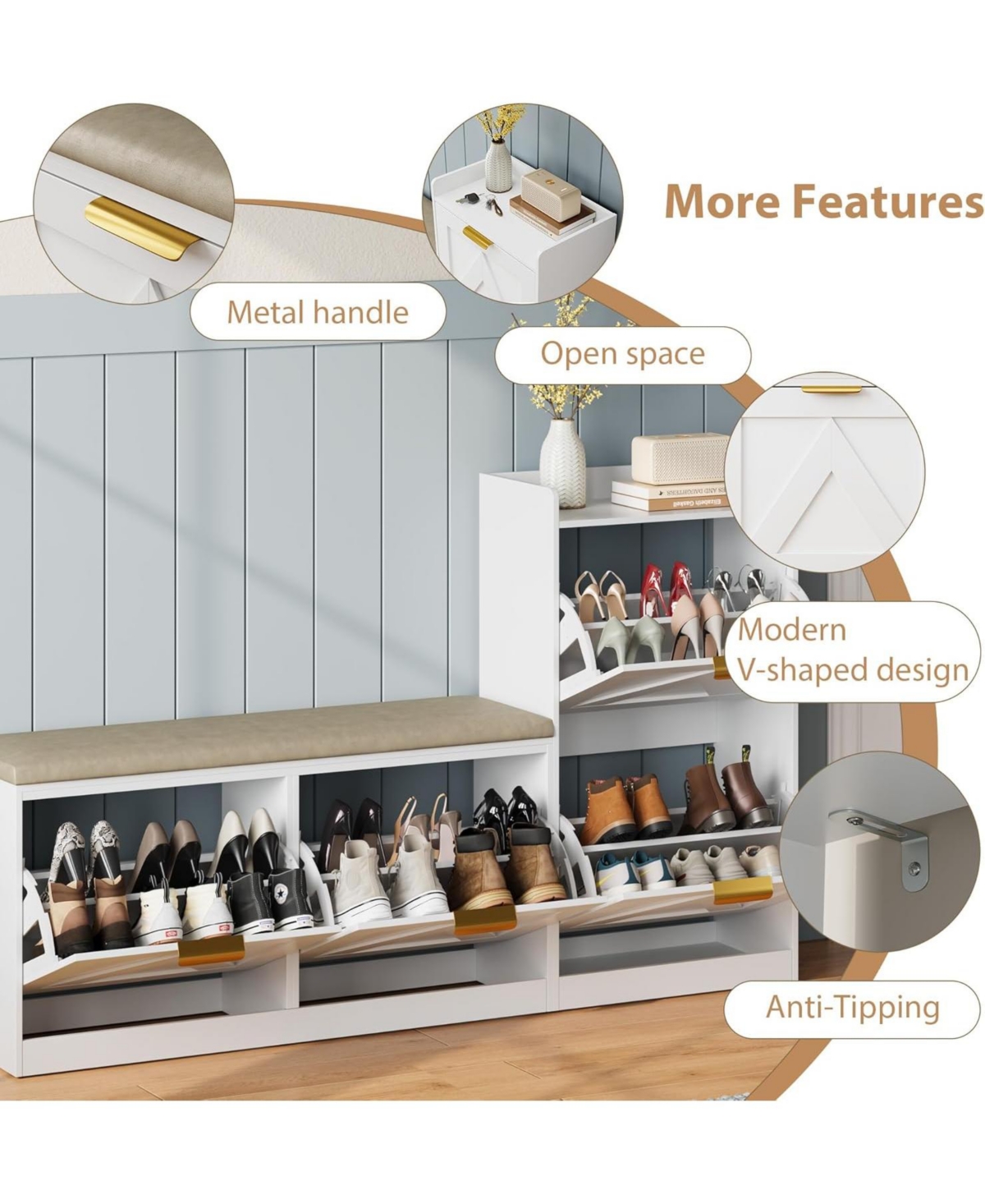 gaomon Farmhouse Shoe Cabinet with Bench, 4 Flip Drawers, Cushioned Seat Shoe Organizer, Freestanding Entryway Storage