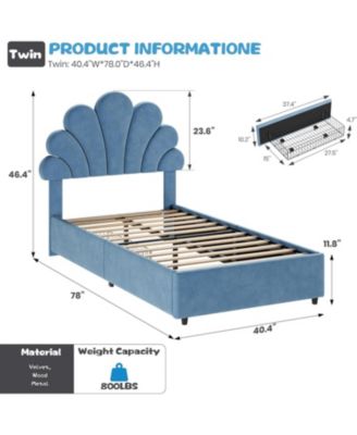 Twin Kids Bed Frame with Storage Drawers, Velvet Upholstered Headboard