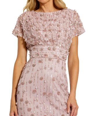 Petite Cap Sleeve Sheath Midi Dress With Floral Beading