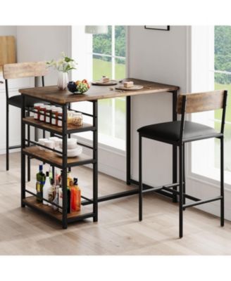 3 Piece Counter Height Bar Table Set with 3 Storage Shelves, Dining Table and 2 Upholstered Bar Chairs for Small Spaces