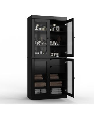 100% Solid Wood 32" Bathroom Storage Cabinet with Clear Glass Doors, 2-Drawers & Adjustable Shelves