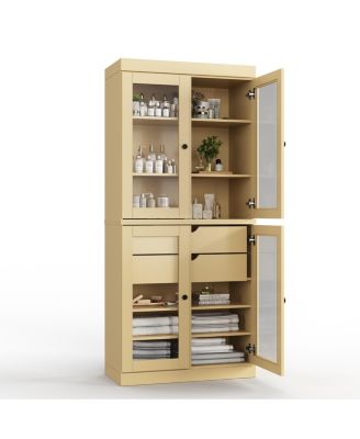 100% Solid Wood 32" Bathroom Storage Cabinet with Clear Glass Doors, 2-Drawers & Adjustable Shelves