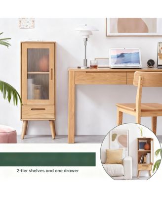 Solid Wood Cabinet with Glass Doors & Drawers for Living Room