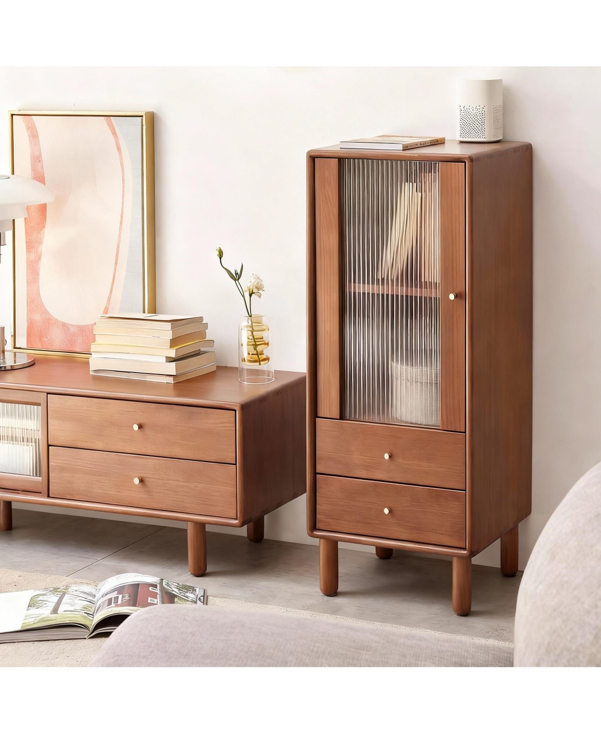 Yigii Solid Wood Cabinet with Glass Doors & Drawers for Living Room