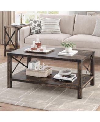 Farmhouse Rectangle Coffee Table 2-Tier Center Table Living Room Rectangle Cocktail Table