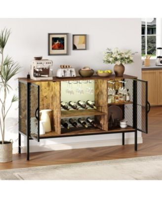 47 Inch Industrial Coffee Bar Cabinet with Led Lights and Power Outlets Wood Liquor Cabinet with 2 Doors Glass Holders & Storage