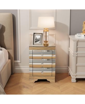 Mirrored Nightstand, Glass Bedside Table with 3 Wave Drawers, Modern End Table for Bedroom, Living Room, Home Office