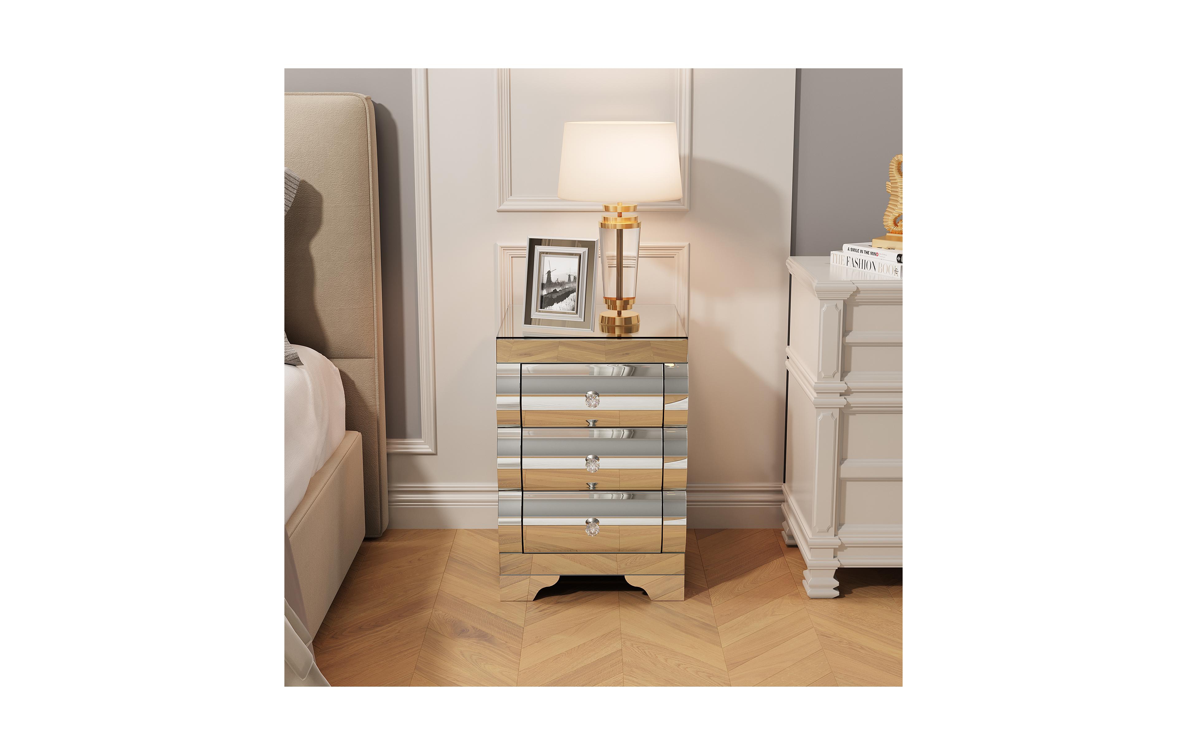 Rainsken Mirrored Nightstand, Glass Bedside Table with 3 Wave Drawers, Modern End Table for Bedroom, Living Room, Home Office