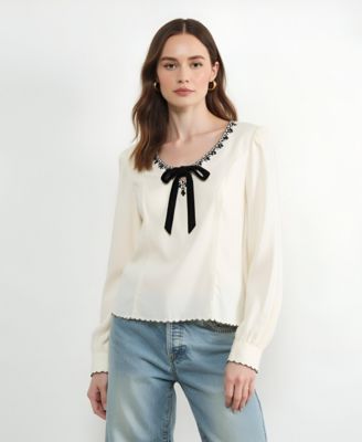 Women's Embroidered Blouse with Velvet Bow and Scalloped Hem