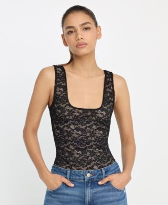 Women's Stretch Lace Scoop Neck Tank Bodysuit, Regular & Plus Size