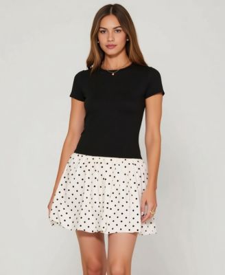 Women's Fitted Knit Bodice Polka Dot Bubble Skirt Dress