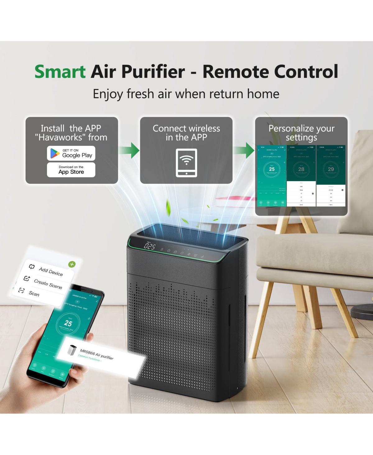 Morento Smart Hepa Air Purifier for Home, Voice & App Contorl, PM2.5 Display, Quality Monitor, Up to 1290 Sqft