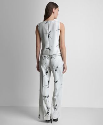 Women's Pinstripe Floral Mid-Rise Flared Pants