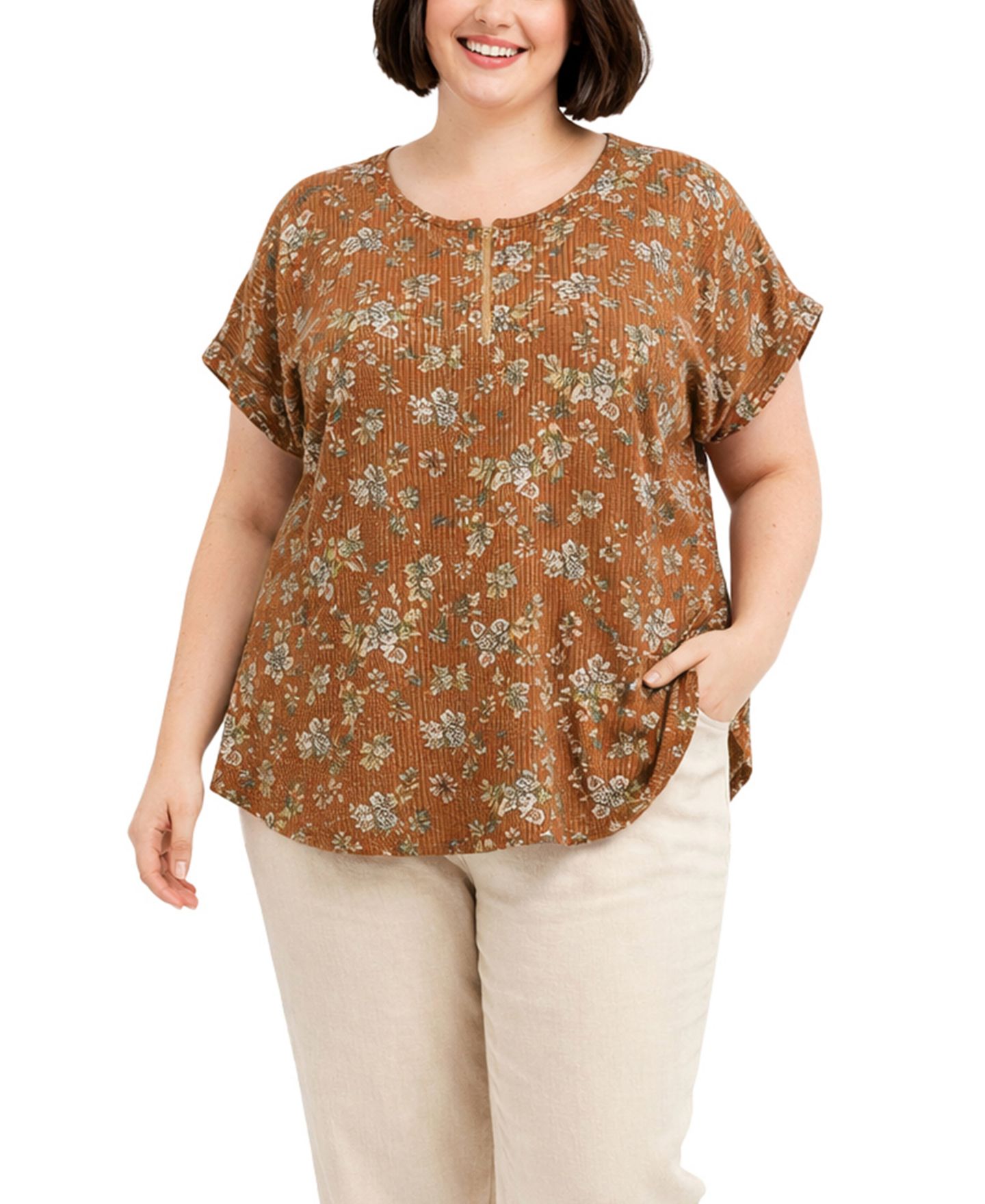 Женский топ COIN 1804 Plus Size Boho Floral Rib Zip Front Dolman, цвет: Ржавый — фото 1