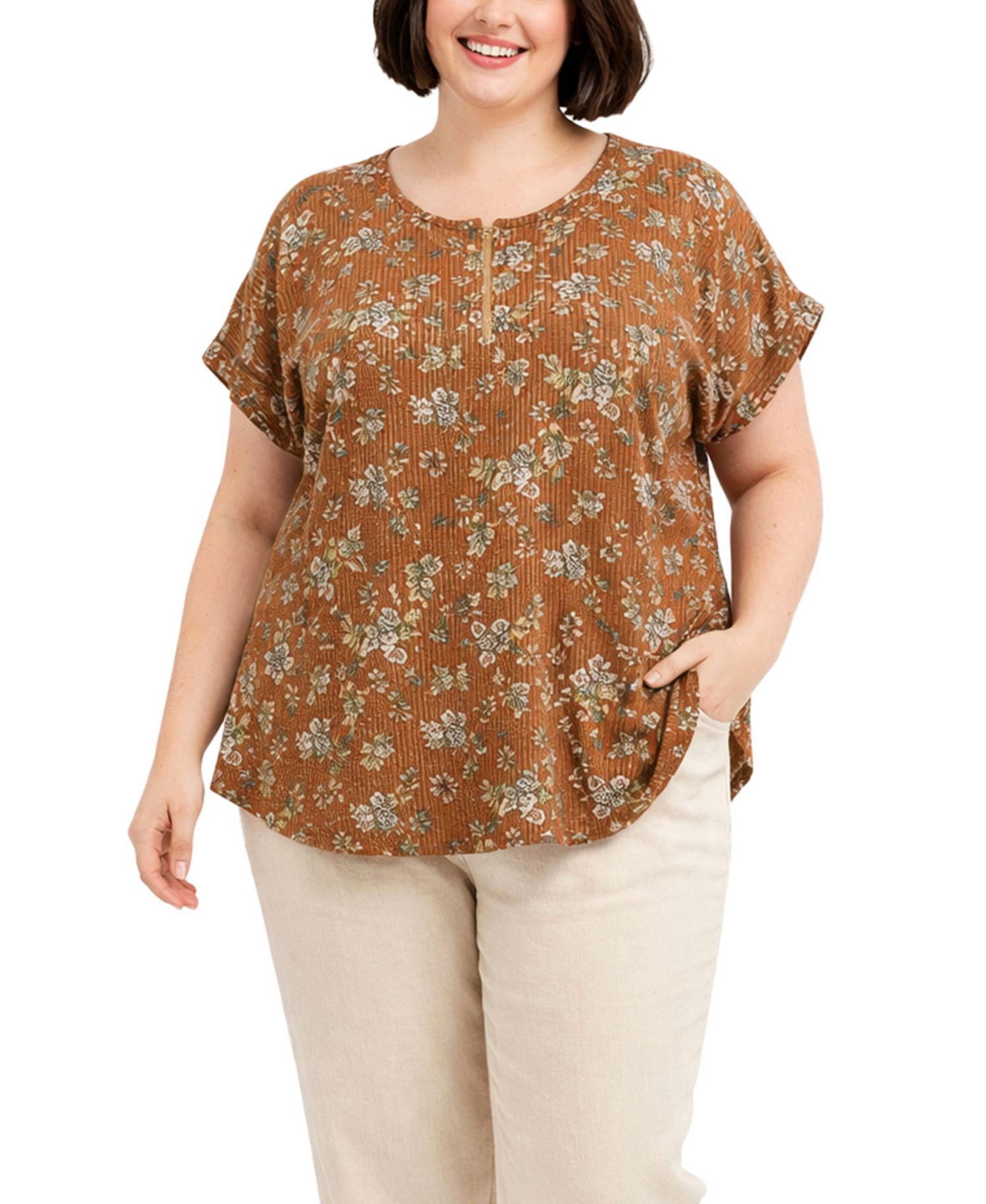 Plus Size Boho Floral Rib Zip Front Dolman Top
