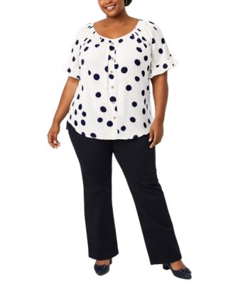 Plus Size Polka Dot Crinkle Knit Button Front Ruffle Sleeve Top