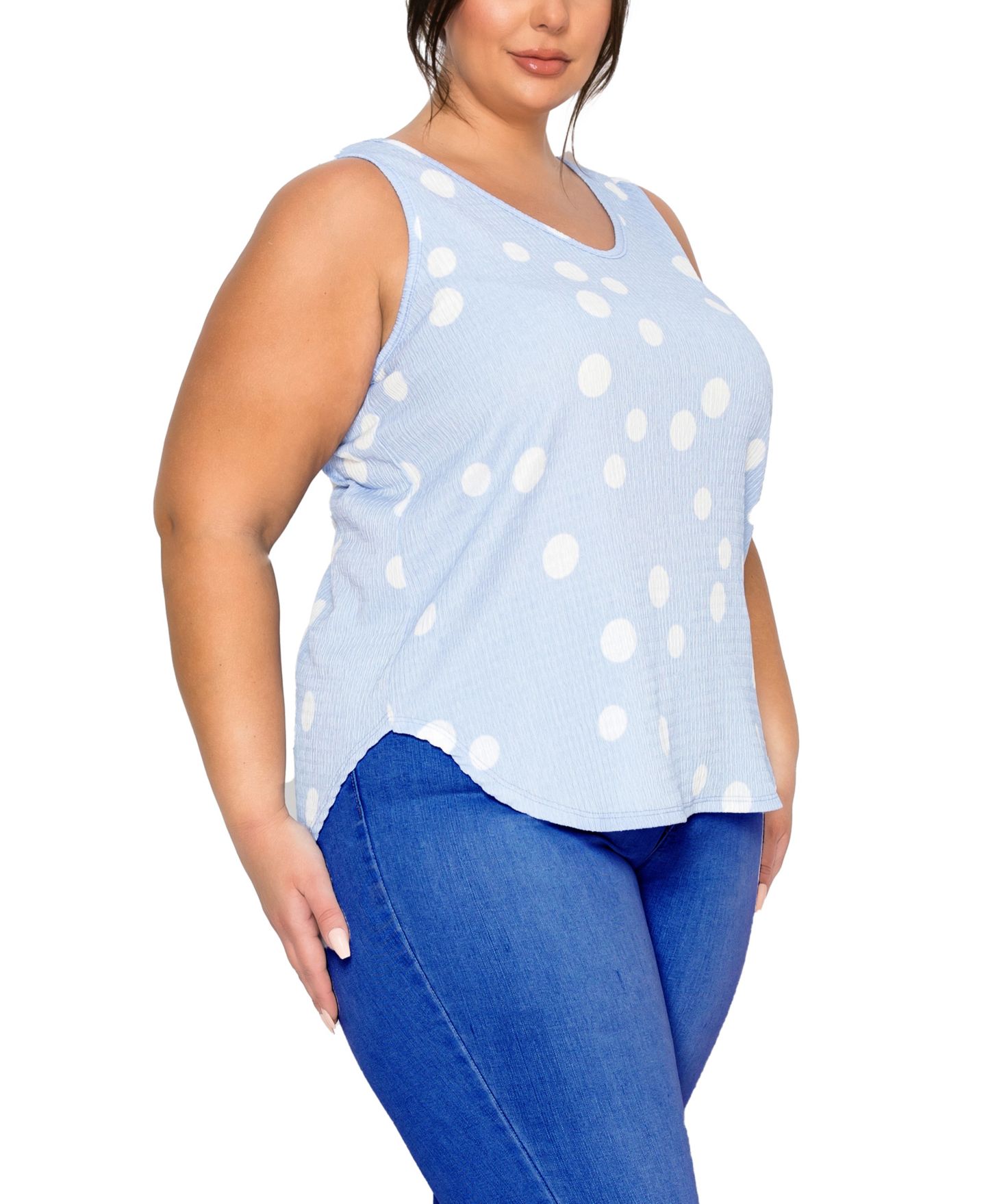 Женский топ COIN 1804 Plus Size Polka Dot Crinkle Knit Double V-Neck, цвет: Синий / Слоновая кость — фото 3
