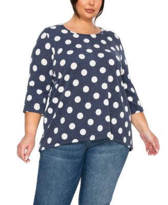 Plus Size Polka Dot Double Knit Button Back 3/4 Rolled Sleeve Top