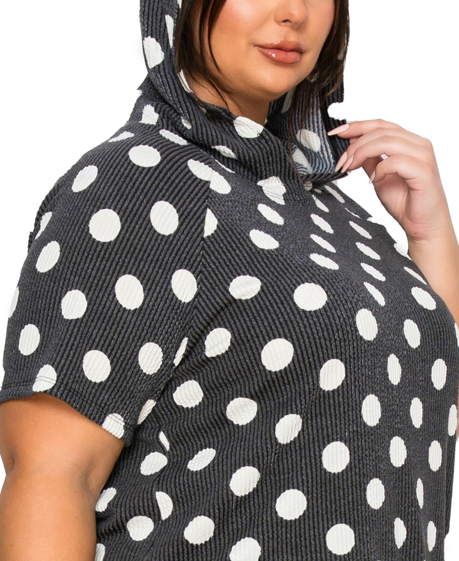 Plus Size Polka Dot Double Knit Hoodie Short- Sleeve Elastic Hem Top