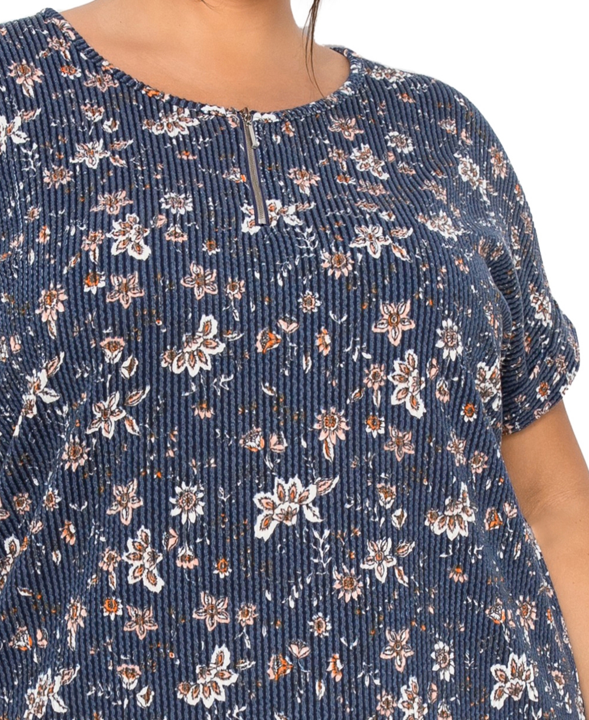 Coin 1804 Plus Boho Floral Rib Zip Front Dolman Top