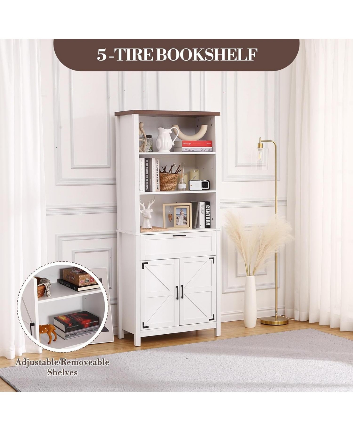 gaomon 72" Tall Farmhouse Bookshelf with Barn Doors – Freestanding Bookcase with Storage Cabinet, Adjustable Shelves, Wood Display Shelves