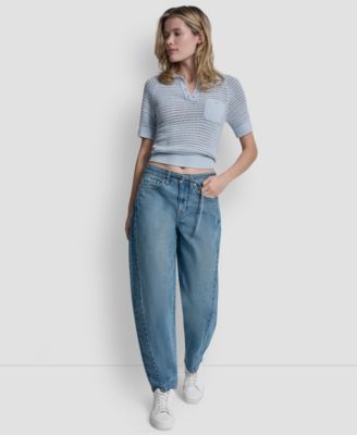 Women's Mid-Rise Forward Seamed Barrel Jeans With Self Belt