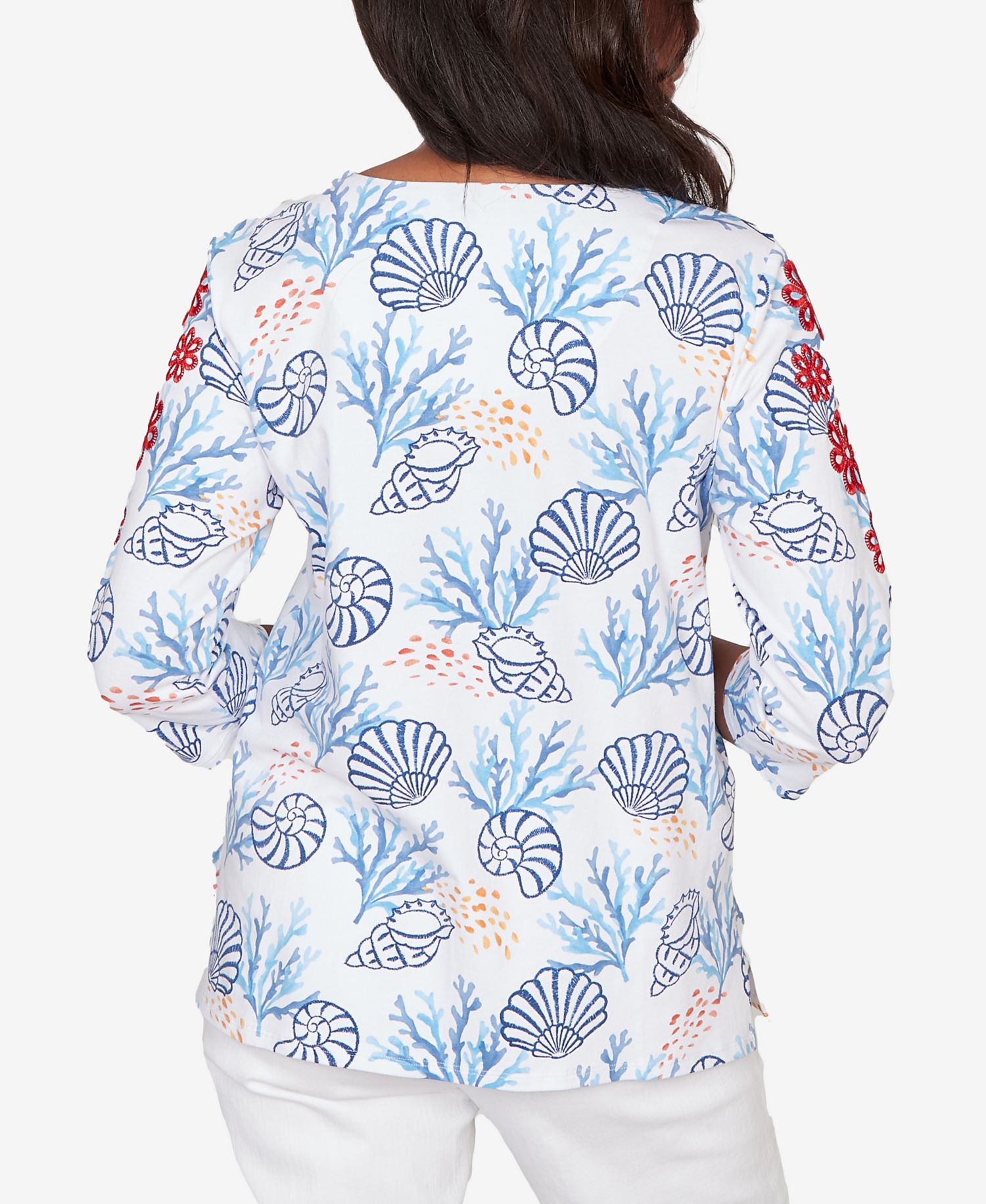 Petite Port Side Shell Print Embroidered Top