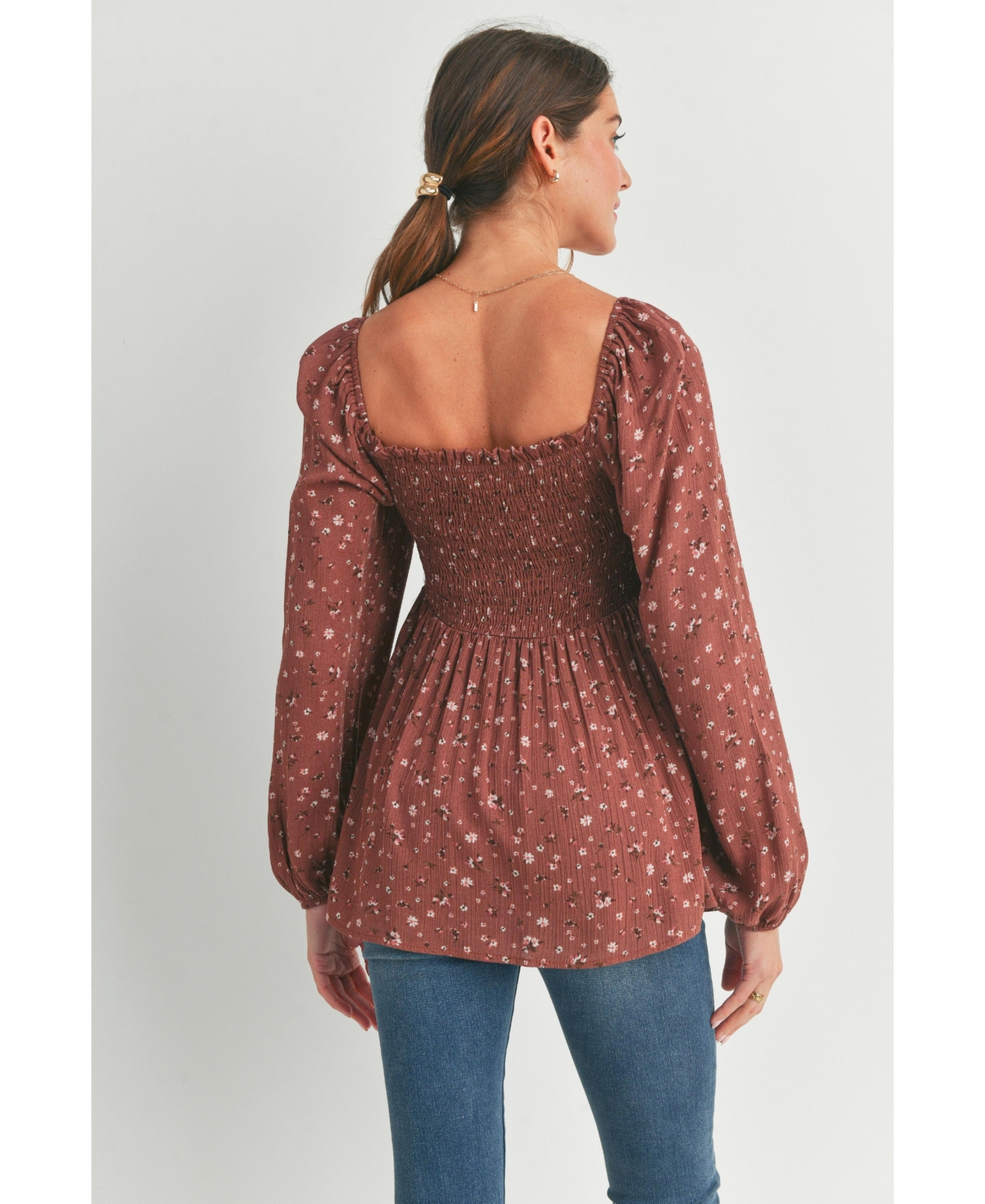 Hello Miz Maternity Smocked Square-Neck Floral Blouse